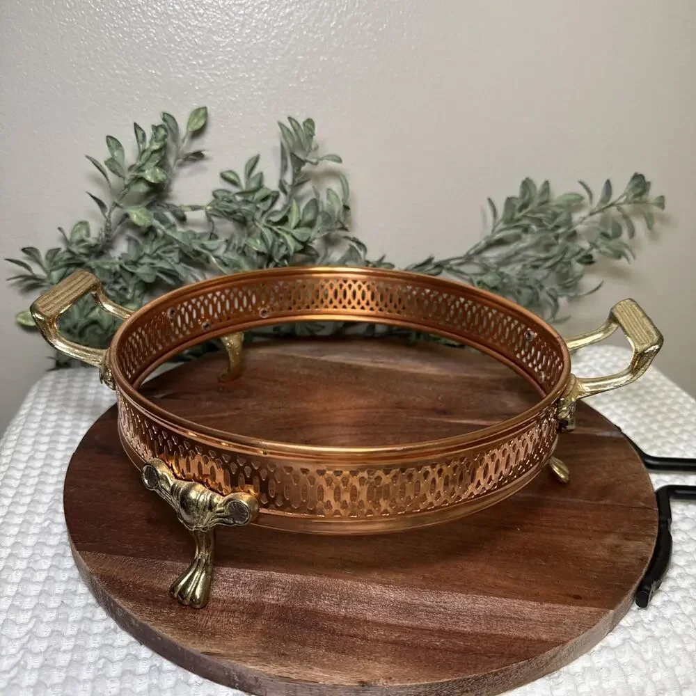 Copper Brass Gallery Bowl Holder Casserole Stand Footed Hollywood Regency Vtg